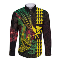 Hawaii Kakau Hammerhead Shark Long Sleeve Button Shirt Neon Plumeria Pattern LT01 Unisex Black - Polynesian Pride