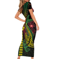 Hawaii Kakau Hammerhead Shark Short Sleeve Bodycon Dress Neon Plumeria Pattern