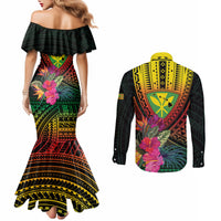 Hawaii Kanaka Maoli Flag Day Couples Matching Mermaid Dress and Long Sleeve Button Shirt Tropical Flowers LT01 - Polynesian Pride