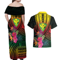 Hawaii Kanaka Maoli Flag Day Couples Matching Off Shoulder Maxi Dress and Hawaiian Shirt Tropical Flowers LT01 - Polynesian Pride