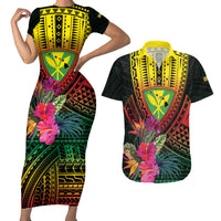 Hawaii Kanaka Maoli Flag Day Couples Matching Short Sleeve Bodycon Dress and Hawaiian Shirt Tropical Flowers LT01 Black - Polynesian Pride