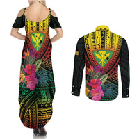 Hawaii Kanaka Maoli Flag Day Couples Matching Summer Maxi Dress and Long Sleeve Button Shirt Tropical Flowers LT01 - Polynesian Pride