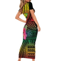 Hawaii Kanaka Maoli Flag Day Short Sleeve Bodycon Dress Tropical Flowers LT01 - Polynesian Pride