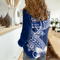 Hafa Adai Guam Women Casual Shirt Polynesian Floral Blue Pattern LT01 - Polynesian Pride