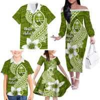 Hafa Adai Guam Family Matching Off Shoulder Long Sleeve Dress and Hawaiian Shirt Polynesian Olive Green Blue Pattern LT01 - Polynesian Pride