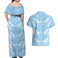 Baby Blue Mermaid Puakenikeni Maile Lei Couples Matching Off Shoulder Maxi Dress and Hawaiian Shirt LT01 - Polynesian Pride