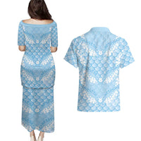 Baby Blue Mermaid Puakenikeni Maile Lei Couples Matching Puletasi and Hawaiian Shirt LT01 - Polynesian Pride
