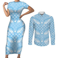 Baby Blue Mermaid Puakenikeni Maile Lei Couples Matching Short Sleeve Bodycon Dress and Long Sleeve Button Shirt LT01 Blue - Polynesian Pride