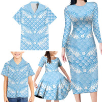 Baby Blue Mermaid Puakenikeni Maile Lei Family Matching Long Sleeve Bodycon Dress and Hawaiian Shirt LT01 - Polynesian Pride