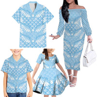 Baby Blue Mermaid Puakenikeni Maile Lei Family Matching Off The Shoulder Long Sleeve Dress and Hawaiian Shirt LT01 - Polynesian Pride