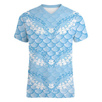 Baby Blue Mermaid Puakenikeni Maile Lei Women V-Neck T-Shirt LT01 Female Blue - Polynesian Pride