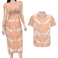Apricot Mermaid Puakenikeni Maile Lei Couples Matching Long Sleeve Bodycon Dress and Hawaiian Shirt LT01 Apricot - Polynesian Pride