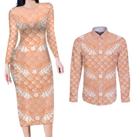 Apricot Mermaid Puakenikeni Maile Lei Couples Matching Long Sleeve Bodycon Dress and Long Sleeve Button Shirt LT01 Apricot - Polynesian Pride