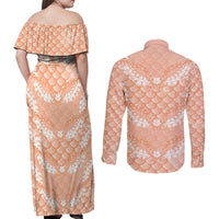 Apricot Mermaid Puakenikeni Maile Lei Couples Matching Off Shoulder Maxi Dress and Long Sleeve Button Shirt LT01 - Polynesian Pride