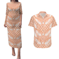 Apricot Mermaid Puakenikeni Maile Lei Couples Matching Puletasi and Hawaiian Shirt LT01 Apricot - Polynesian Pride