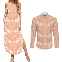 Apricot Mermaid Puakenikeni Maile Lei Couples Matching Summer Maxi Dress and Long Sleeve Button Shirt LT01 Apricot - Polynesian Pride