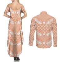 Apricot Mermaid Puakenikeni Maile Lei Couples Matching Summer Maxi Dress and Long Sleeve Button Shirt LT01 - Polynesian Pride