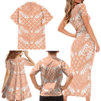 Apricot Mermaid Puakenikeni Maile Lei Family Matching Short Sleeve Bodycon Dress and Hawaiian Shirt LT01 - Polynesian Pride