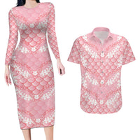 Soft Pink Mermaid Puakenikeni Maile Lei Couples Matching Long Sleeve Bodycon Dress and Hawaiian Shirt LT01 Pink - Polynesian Pride