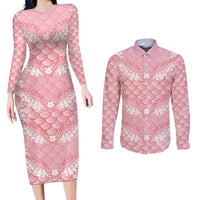 Soft Pink Mermaid Puakenikeni Maile Lei Couples Matching Long Sleeve Bodycon Dress and Long Sleeve Button Shirt LT01 Pink - Polynesian Pride