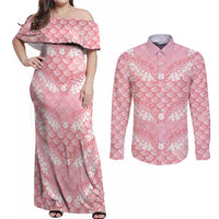 Soft Pink Mermaid Puakenikeni Maile Lei Couples Matching Off Shoulder Maxi Dress and Long Sleeve Button Shirt LT01 Pink - Polynesian Pride