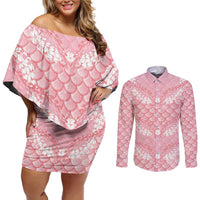 Soft Pink Mermaid Puakenikeni Maile Lei Couples Matching Off Shoulder Short Dress and Long Sleeve Button Shirt LT01 Pink - Polynesian Pride