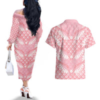 Soft Pink Mermaid Puakenikeni Maile Lei Couples Matching Off The Shoulder Long Sleeve Dress and Hawaiian Shirt LT01 - Polynesian Pride