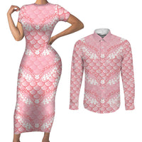 Soft Pink Mermaid Puakenikeni Maile Lei Couples Matching Short Sleeve Bodycon Dress and Long Sleeve Button Shirt LT01 Pink - Polynesian Pride