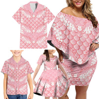 Soft Pink Mermaid Puakenikeni Maile Lei Family Matching Off Shoulder Short Dress and Hawaiian Shirt LT01 - Polynesian Pride