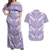 Lilac Mermaid Puakenikeni Maile Lei Couples Matching Off Shoulder Maxi Dress and Hawaiian Shirt LT01 Purple - Polynesian Pride