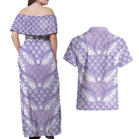 Lilac Mermaid Puakenikeni Maile Lei Couples Matching Off Shoulder Maxi Dress and Hawaiian Shirt LT01 - Polynesian Pride
