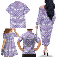 Lilac Mermaid Puakenikeni Maile Lei Family Matching Off The Shoulder Long Sleeve Dress and Hawaiian Shirt LT01 - Polynesian Pride
