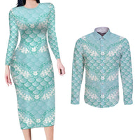 Light Turquoise Mermaid Puakenikeni Maile Lei Couples Matching Long Sleeve Bodycon Dress and Long Sleeve Button Shirt LT01 Turquoise - Polynesian Pride