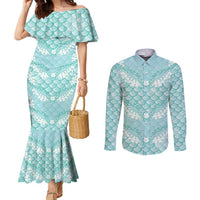 Light Turquoise Mermaid Puakenikeni Maile Lei Couples Matching Mermaid Dress and Long Sleeve Button Shirt LT01 Turquoise - Polynesian Pride