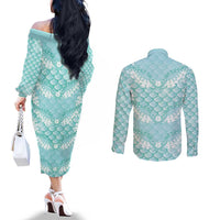 Light Turquoise Mermaid Puakenikeni Maile Lei Couples Matching Off The Shoulder Long Sleeve Dress and Long Sleeve Button Shirt LT01 - Polynesian Pride