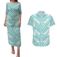 Light Turquoise Mermaid Puakenikeni Maile Lei Couples Matching Puletasi and Hawaiian Shirt LT01 Turquoise - Polynesian Pride