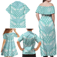 Light Turquoise Mermaid Puakenikeni Maile Lei Family Matching Off Shoulder Maxi Dress and Hawaiian Shirt LT01 - Polynesian Pride