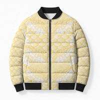 Pastel Yellow Mermaid Puakenikeni Maile Lei Bomber Puffer Jacket