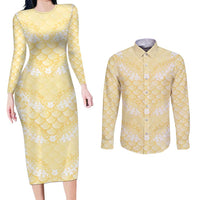 Pastel Yellow Mermaid Puakenikeni Maile Lei Couples Matching Long Sleeve Bodycon Dress and Long Sleeve Button Shirt LT01 Yellow - Polynesian Pride