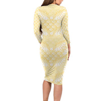 Pastel Yellow Mermaid Puakenikeni Maile Lei Family Matching Long Sleeve Bodycon Dress and Hawaiian Shirt LT01 - Polynesian Pride