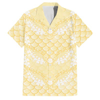 Pastel Yellow Mermaid Puakenikeni Maile Lei Family Matching Off The Shoulder Long Sleeve Dress and Hawaiian Shirt LT01 Dad's Shirt - Short Sleeve Yellow - Polynesian Pride