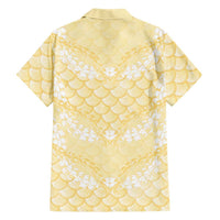 Pastel Yellow Mermaid Puakenikeni Maile Lei Family Matching Off The Shoulder Long Sleeve Dress and Hawaiian Shirt LT01 - Polynesian Pride