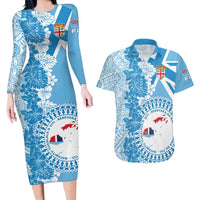 Personalised Fiji Day Couples Matching Long Sleeve Bodycon Dress and Hawaiian Shirt Fijian Map Hibiscus Tapa Pattern LT01 Blue - Polynesian Pride