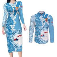 Personalised Fiji Day Couples Matching Long Sleeve Bodycon Dress and Long Sleeve Button Shirt Fijian Map Hibiscus Tapa Pattern LT01 Blue - Polynesian Pride