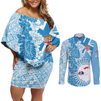 Personalised Fiji Day Couples Matching Off Shoulder Short Dress and Long Sleeve Button Shirt Fijian Map Hibiscus Tapa Pattern LT01 Blue - Polynesian Pride