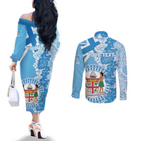 Personalised Fiji Day Couples Matching Off The Shoulder Long Sleeve Dress and Long Sleeve Button Shirt Fijian Map Hibiscus Tapa Pattern LT01 - Polynesian Pride
