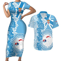 Personalised Fiji Day Couples Matching Short Sleeve Bodycon Dress and Hawaiian Shirt Fijian Map Hibiscus Tapa Pattern LT01 Blue - Polynesian Pride