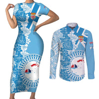 Personalised Fiji Day Couples Matching Short Sleeve Bodycon Dress and Long Sleeve Button Shirt Fijian Map Hibiscus Tapa Pattern LT01 Blue - Polynesian Pride