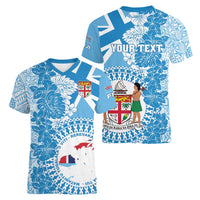 Personalised Fiji Day Women V-Neck T-Shirt Fijian Map Hibiscus Tapa Pattern LT01 - Polynesian Pride