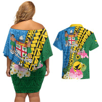 Personalised Malampa Fiji Day Couples Matching Off Shoulder Short Dress and Hawaiian Shirt Tropical Tapa Pattern LT01 - Polynesian Pride